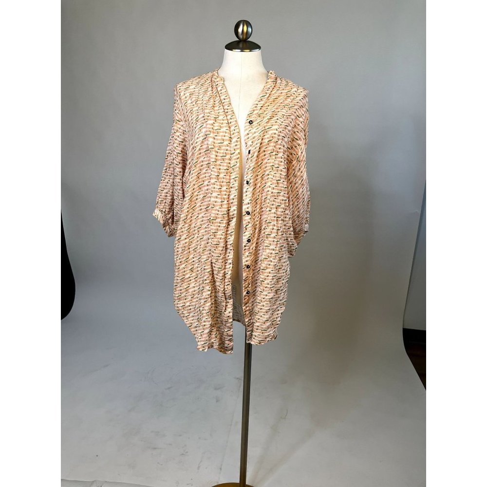 Maeve by Anthropologie Geometric Linen Cotton 3/4 Sleeve Blouse Coral - Picture 1 of 4